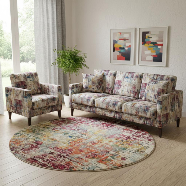 8' X 8' Pink Round Abstract Power Loom Distressed Non Skid Area Rug