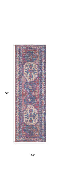 2' X 6' Red And Navy Oriental Power Loom Distressed Washable Runner Rug