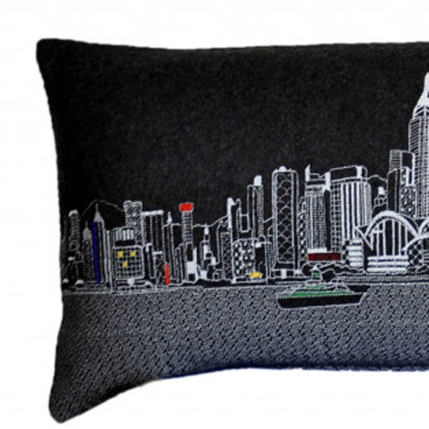 14" X 45" Dark Gray And White Hong Kong Nighttime Skyline Lumbar Decorative Pillow