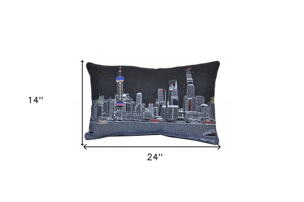 14" X 24" Dark Gray And White Shanghai Nighttime Skyline Lumbar Decorative Pillow