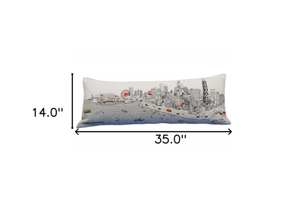 14" X 35" Cream Chicago Daylight Skyline Lumbar Decorative Pillow