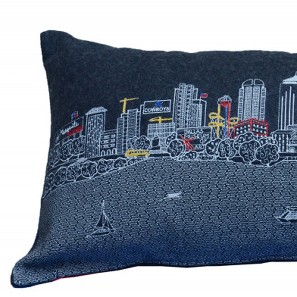 14" X 35" Dark Gray And White Dallas Nighttime Skyline Lumbar Decorative Pillow