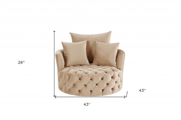 43" Beige Velvet Tufted Swivel Barrel Chair And Toss Pillows