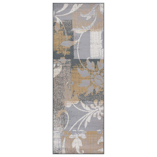 8' Beige And Black Floral Distressed Runner Rug