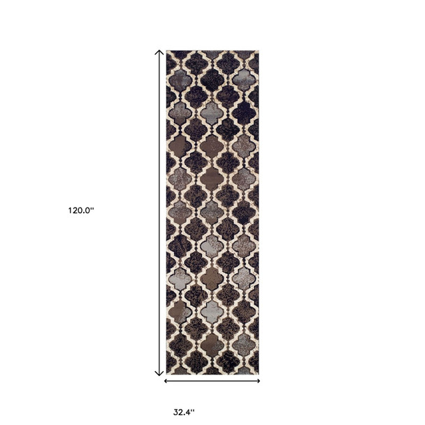 10' Brown Black And Ivory Quatrefoil Distressed Runner Rug