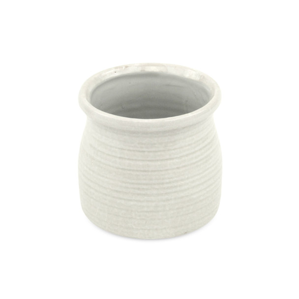 White Ceramic 25 Ounce Striped Round Distressed Pot Planter