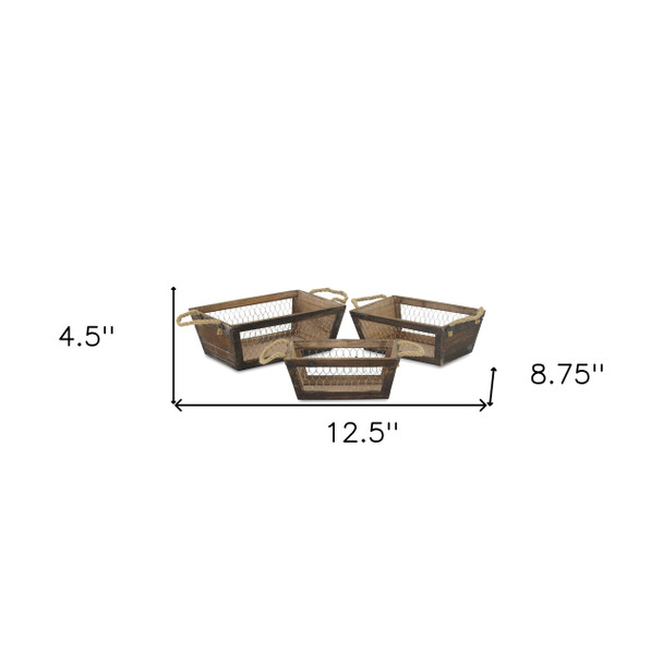 Set of Three Dark Brown Nesting Solid Wood And Metal Crate