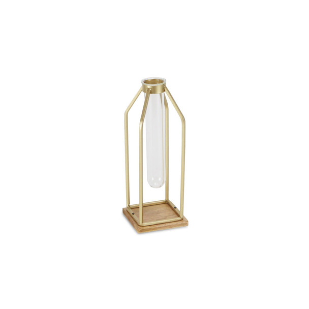 11" Gold Clear And Natural Metal Glass And Wood Test Tube Table Vase