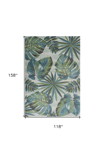 9' X 13' Beige Teal And Green Tropical Botanical Area Rug