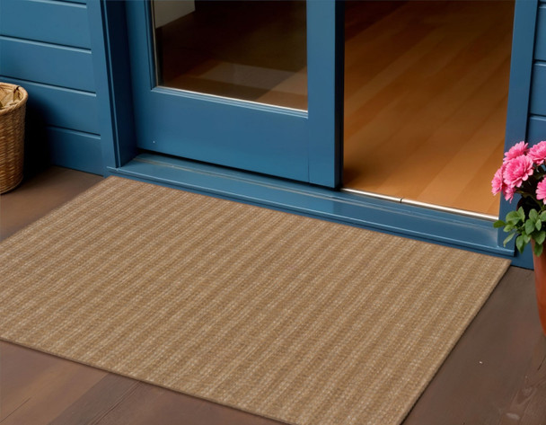2' X 4' Tan Striped Stain Resistant Indoor Outdoor Area Rug
