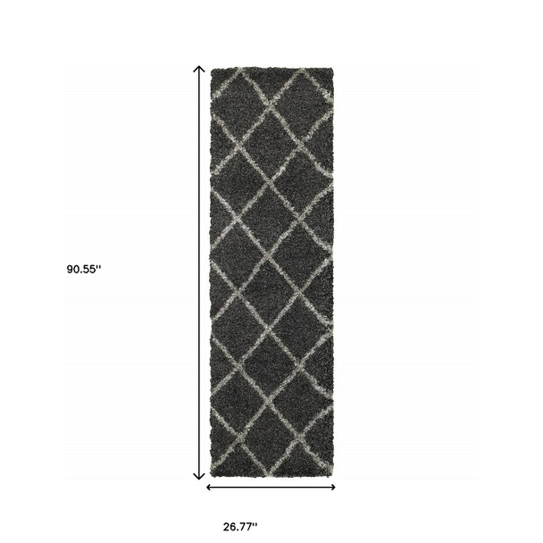 2' X 8' Charcoal And Grey Geometric Shag Power Loom Stain Resistant Runner Rug