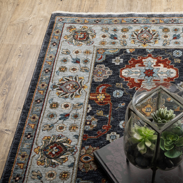 7' X 10' Blue And Beige Oriental Area Rug With Fringe