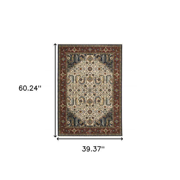 3' X 5' Ivory Beige Red Blue Gold Green And Navy Oriental Power Loom Stain Resistant Area Rug With Fringe