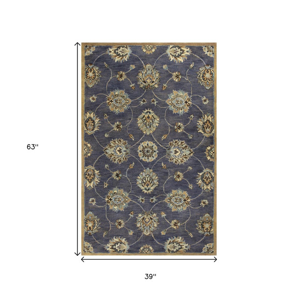 3' X 5' Dark Gray Green And Brown Wool Floral Hand Tufted Area Rug