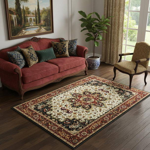 5' X 8' Red And Ivory Oriental Power Loom Stain Resistant Area Rug