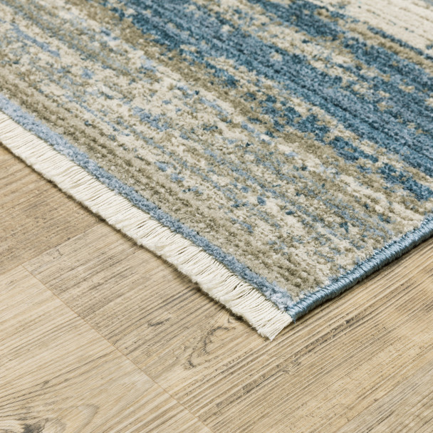 8' Blue And Beige Abstract Distressed Runner Rug With Fringe