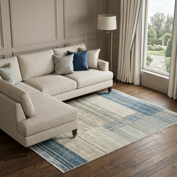 10' X 13' Blue Dark Blue Teal Grey Ivory Beige And Tan Geometric Power Loom Stain Resistant Area Rug With Fringe