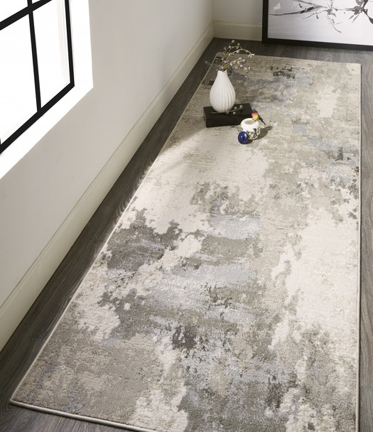8' Ivory And Gray Abstract Stain Resistant Runner Rug
