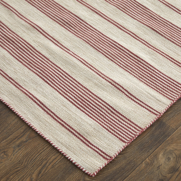 5' X 8' Red And Ivory Striped Dhurrie Hand Woven Stain Resistant Area Rug