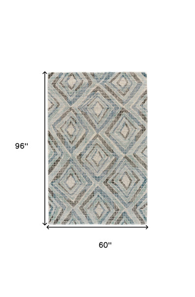 5' X 8' Blue Gray And Ivory Wool Geometric Tufted Handmade Area Rug