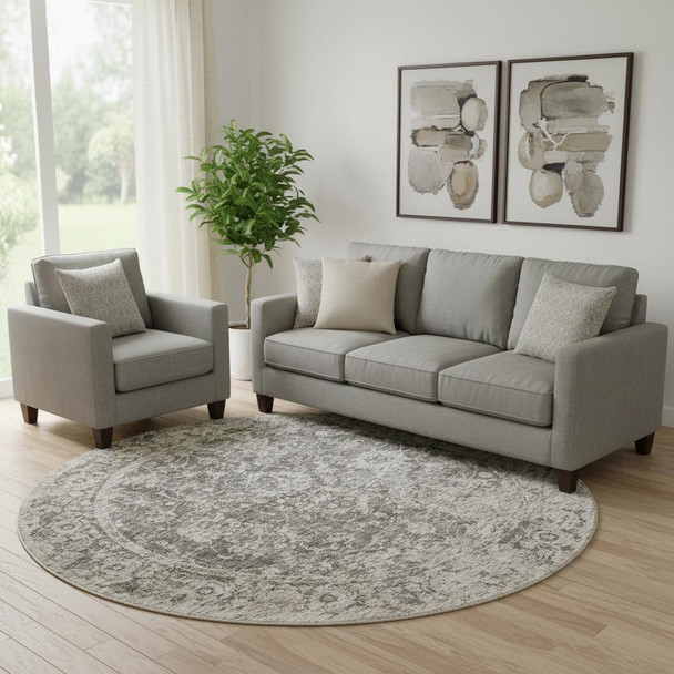 8' Ivory And Gray Round Abstract Hand Woven Area Rug