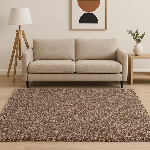 5' X 7' Beige And Brown Abstract Shag Hand Woven Area Rug