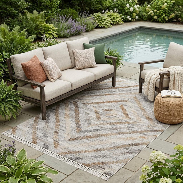5' X 8' Gray And Brown Geometric Hand Woven Area Rug With Fringe