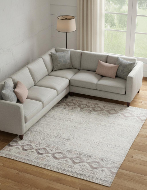 8' X 10' Gray Ivory And Pink Geometric Hand Knotted Area Rug