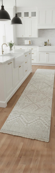 8' Ivory Tan And Gray Geometric Hand Knotted Runner Rug