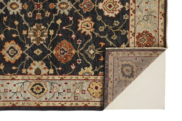 4' X 6' Black And Gold Wool Oriental Hand Knotted Area Rug With Fringe