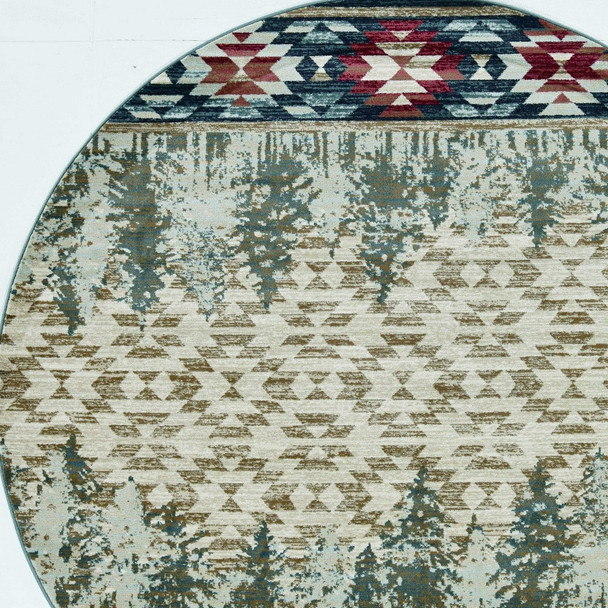 8' Ivory Green And Red Southwestern Round Rug