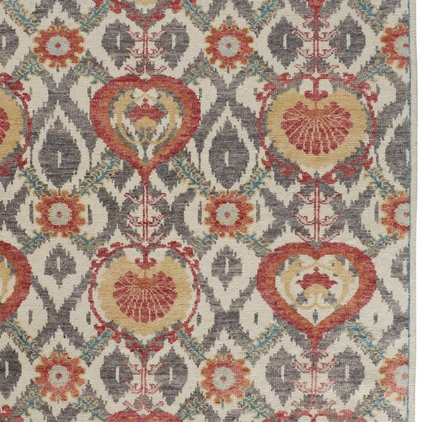 8' X 10' Orange And Gray Wool Floral Hand Knotted Stain Resistant Area Rug