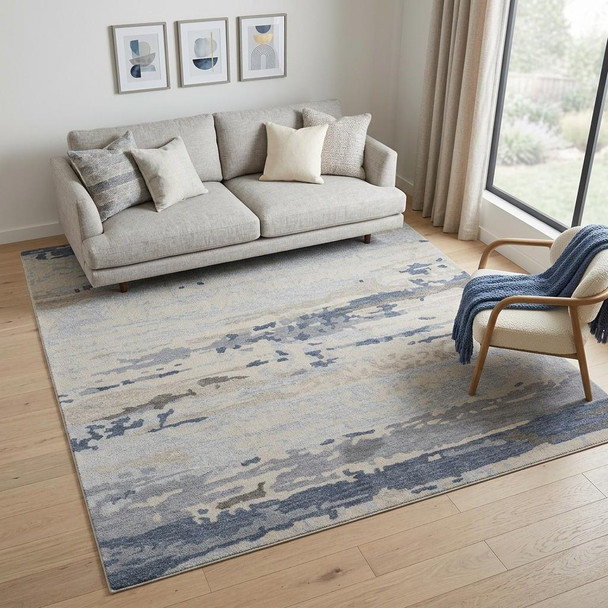 5' X 8' Blue and Ivory Wool Abstract Hand Tufted Area Rug