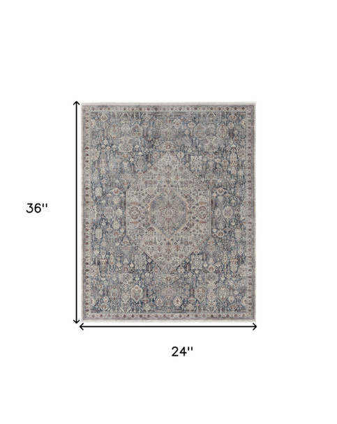 2' X 3' Blue and Ivory Floral Power Loom Area Rug