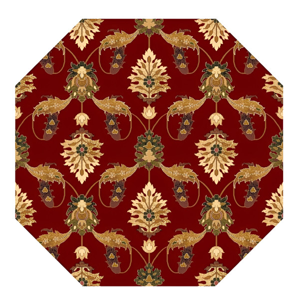 8' Red Beige And Brown Floral Vines Octagon Rug