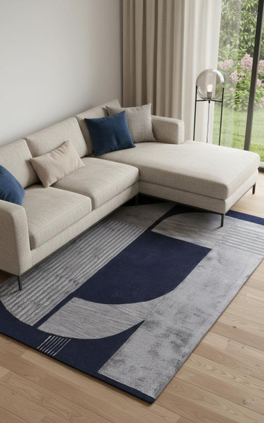 12' X 15' Blue And Silver Wool Geometric Tufted Handmade Area Rug