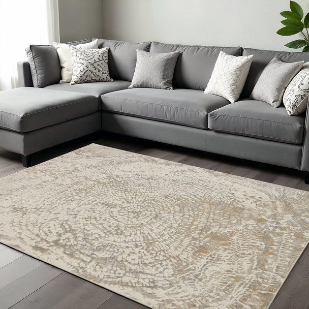 12' X 15' Gray Ivory And Tan Abstract Area Rug