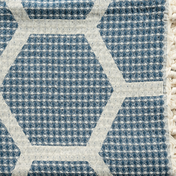 60" X 50" Blue and Off White Woven Cotton Geometric Throw Blanket with Fringe