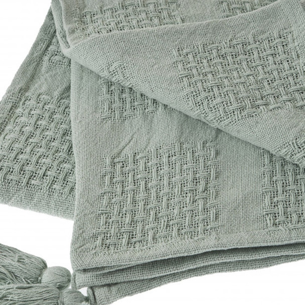 50" X 60" Green Woven Cotton Throw Blanket with Tassels