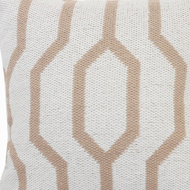 20" X 20" White And Tan 100% Cotton Geometric Zippered Pillow