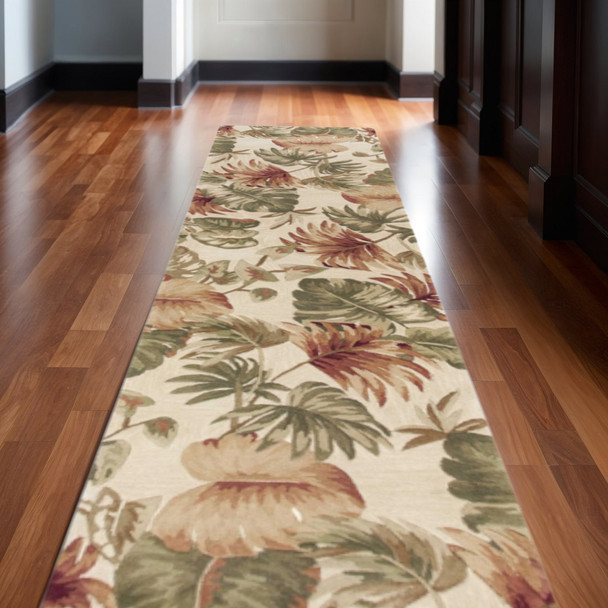 10' Beige Green And Pink Wool Botanical Leaves Hand Tufted Runner Rug