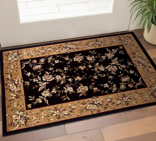 2' X 3' Tan Black And Beige Floral Vines Area Rug