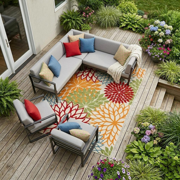 10' X 14' Green Orange And Red Indoor Outdoor Area Rug