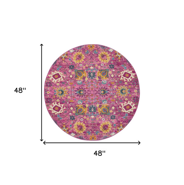 4' Pink Round Floral Power Loom Area Rug