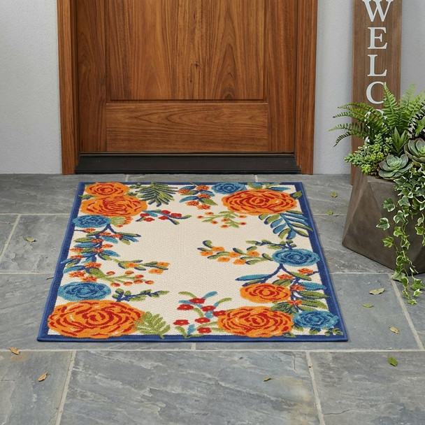 3' X 4' Ivory Orange and Blue Floral Indoor Outdoor Area Rug