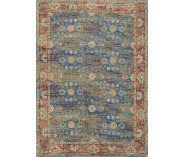 3' X 5' Blue Red And Beige Jute Floral Medallion Hand Woven Area Rug