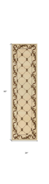 8' Ivory And Brown Floral Vines Runner Rug