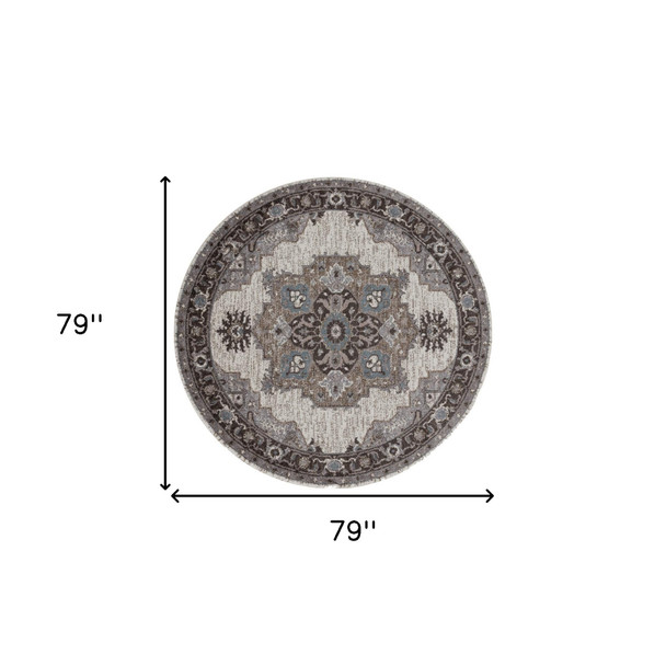 6' Ivory Taupe and Gray Medallion Power Loom Round Rug