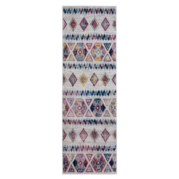 6' Ivory Blue and Orange Geometric Power Loom Runner Rug