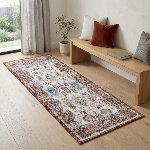 6' Ivory Brown And Orange Floral Runner Rug